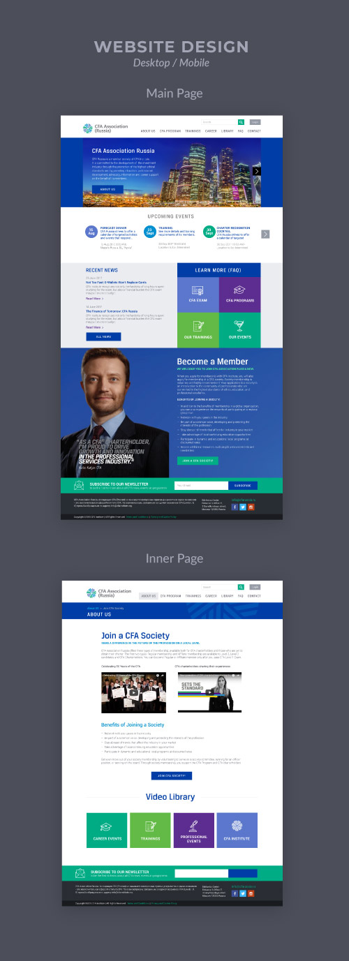 Business association website design: main page, inner page.