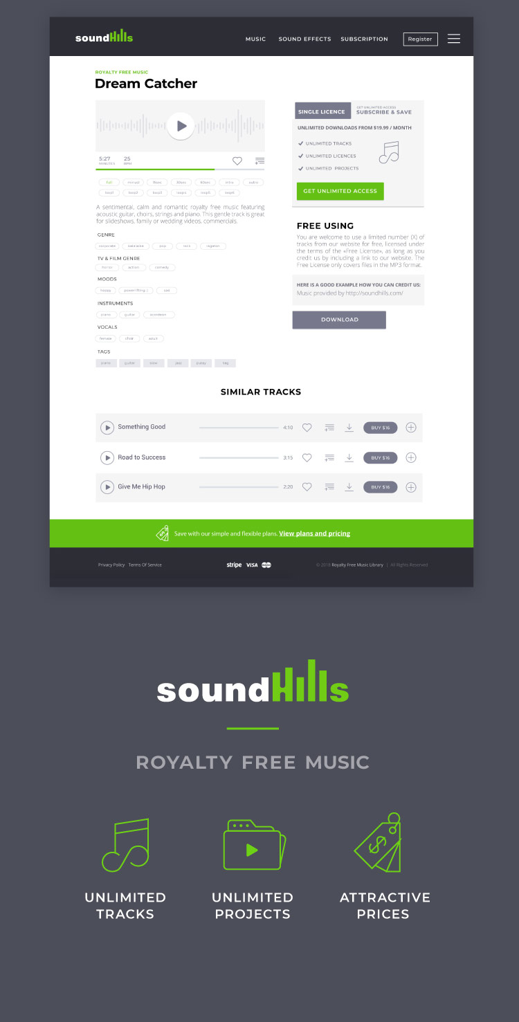 Design du site web SoundHills : pages produits et tarifs